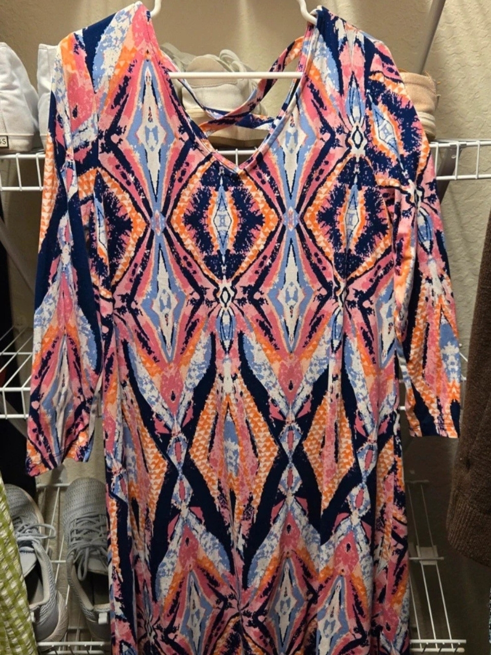 Women's Navy Pink Orange Geometric Print V‑Neck Dress